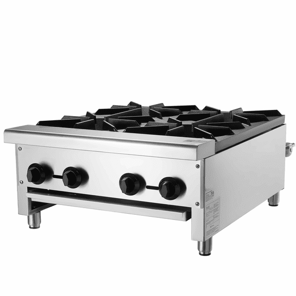 Commercial Gas Range 4 Burner Countertop Stove - Heavy Duty Kitchen Hot Plate; Restaurant Gas Cooktop with Stainless Steel Construction; Natural Gas & Propane Convertible