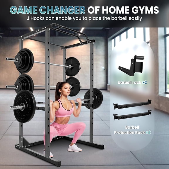 Commercial-Grade 1200 lbs Capacity, 1.8mm Thickened Steel Pipe 2 in x 2 in Square Frame Black Squat Rack with 14-Speed Adjustable J-Hooks & Protection Frame, Non-Slip Base, Pull-Up Bar for Home Gym