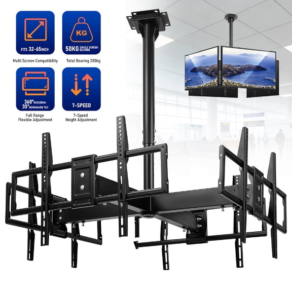 Commercial Grade 4TV Ceiling Mount for 32-65 inch Flat Screen TVs, 360 Swivel, 35 Tilt, Height Adjustable