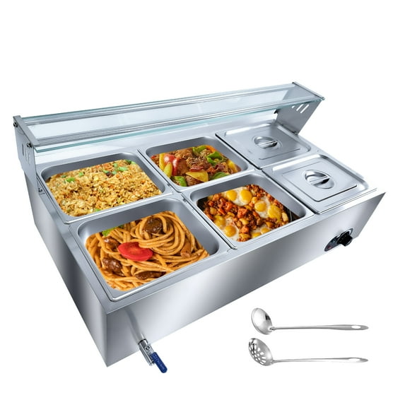 Commercial Grade Bain Marie Stainless Steel Buffet Food Warmer Steam Table, Electric Countertop Warmer, with Temperature Control, Tap and Lid for Catering Restaurant Party, 3/6/10 Pan