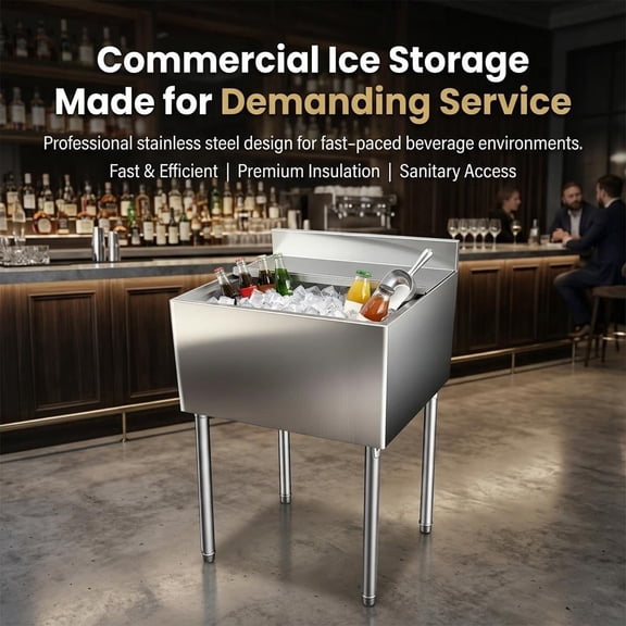 Commercial Grade Freestanding Ice Bin, 304 Stainless Steel Ice Bucket with Sliding Lid, Insulated Ice Cooler with Drain for Bar, Restaurant, Beverage Service