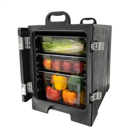 Commercial-Grade Insulated Food Pan Carrier for 5 Full-Size Pans, End-Loading Non-Electrical Stackable Hot Box Food Warmer with New Stainless Steel Latches, Black