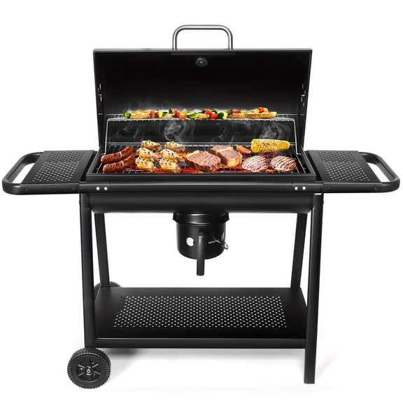 Commercial-Grade Large Offset Smoker Grill - 400-800 Sq In Dual-Chamber Charcoal BBQ with Thermometer Warming Rack