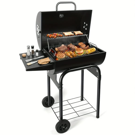 Commercial-Grade Large Offset Smoker Grill - 400-800 Sq In Dual-Chamber Charcoal BBQ with Thermometer Warming Rack