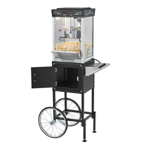 Commercial Grade Popcorn Cart - 800W 8oz Stainless Steel Kettle Popper, 48-Cup Capacity, Glass Door with Two-Button Control