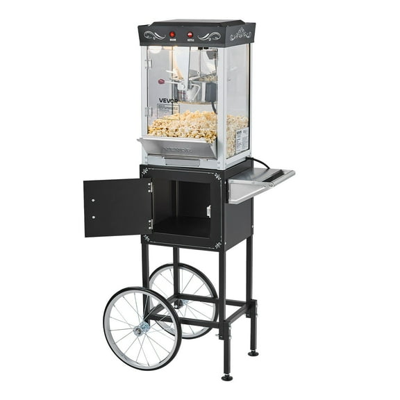 Commercial Grade Popcorn Cart - 800W 8oz Stainless Steel Kettle Popper, 48-Cup Capacity, Glass Door with Two-Button Control