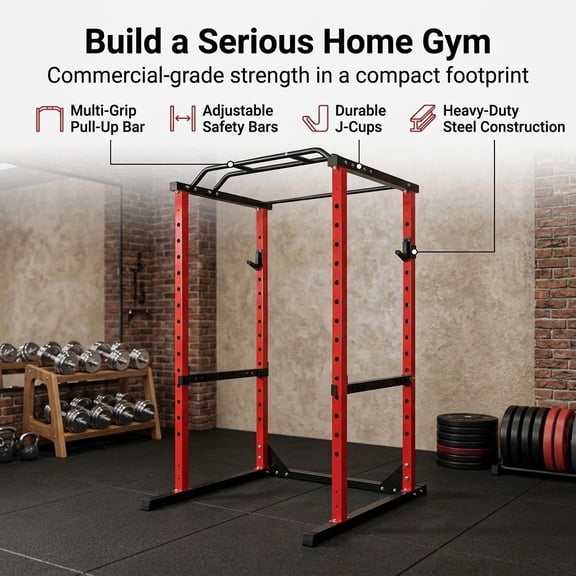 Commercial - Grade Squat Rack with 1200lbs Weight Capacity,Red, Adjustable 14-Speed Workout Equipment for Home Gym Workouts, Multi - Function Power Cage with Pull - Up Bar and J - Hooks
