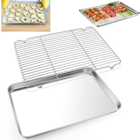 Baking Pan with Rack Set (1 pan + 1 rack) – stainless steel cookie sheet with cooling rack, non-stick baking pan, featuring warp-resistant, heavy-duty, and rust-resistant properties