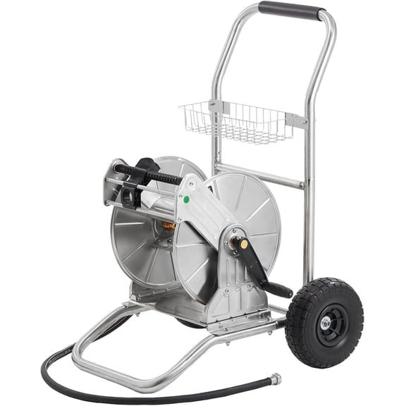 Commercial Grade Stainless Steel Heavy Duty Water Hose Reel Cart with Wheels, 200ft Capacity Anti-Tip Mobile Outside Hose Roller Basket with Solid Brass Swivel, Rust-Proof Garden Infrastructure
