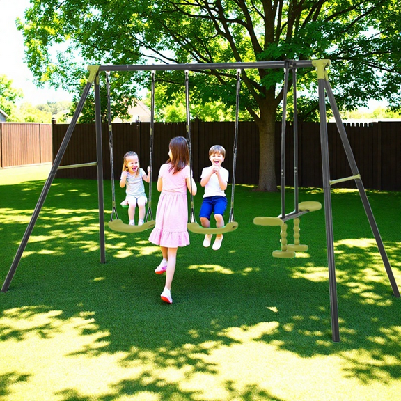 Commercial-Grade Triple Seat Metal Swing Set for Kids - 440lbs Capacity Outdoor Playground Equipment with Safety Harness, Green & Black (Ages 3+)