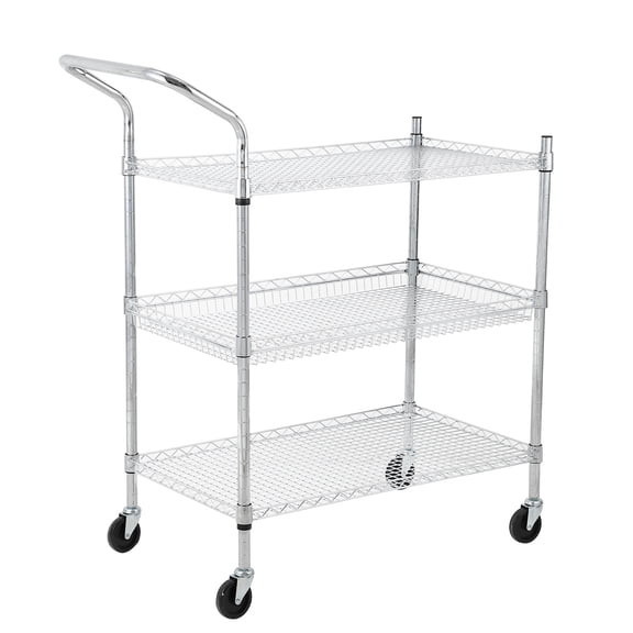 Commercial Grade Utility Cart, 2/3 Tires Wire Rolling Cart, Steel Service Cart with Wheels, Food Storage Trolley for Restaurant,Kitchen, High Handle