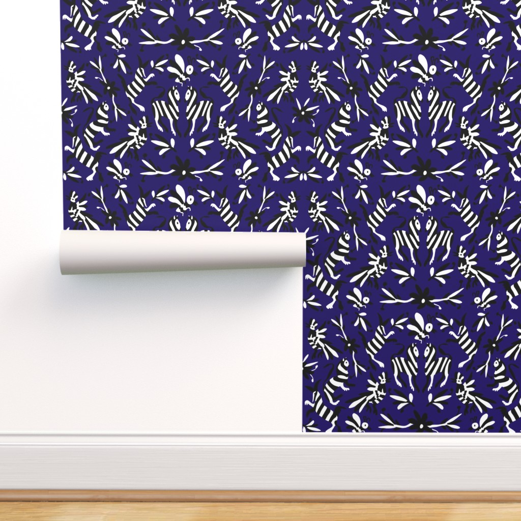 Commercial Grade Wallpaper 27ft x 2ft Blue Mexican Otomi Animals
