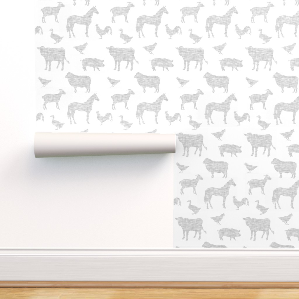 Commercial Grade Wallpaper Swatch - Farm Animals Light Grey White Horse