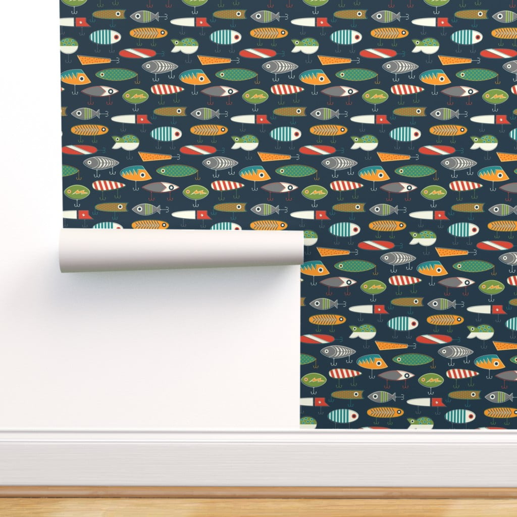 Commercial Grade Wallpaper Swatch - Navy Fish Fishing Lures Vintage Lure  Hook Summer Nursery Traditional Wallpaper by Spoonflower 