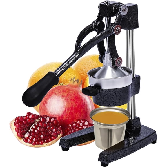 Commercial Heavy Duty Cast Iron Hand Press Manual Orange Citrus Lime Grapefruit Pomegranate Fruit Juice Squeezer Machine with Stainless Steel Cup Black