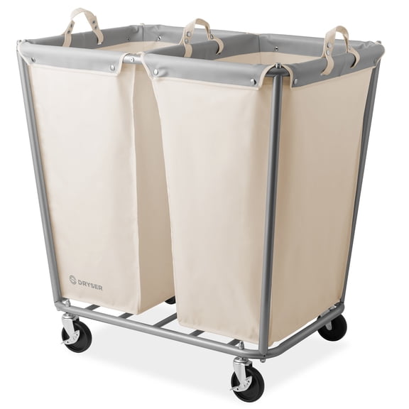 Commercial Heavy Duty Divided Rolling Canvas Bin Laundry Hamper on Wheels, White