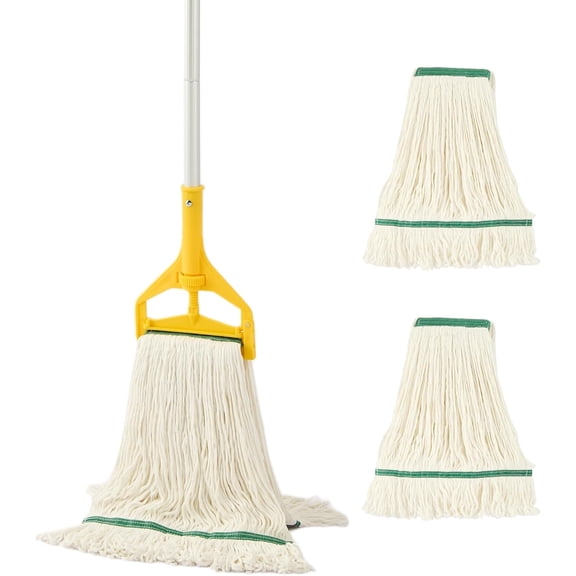 Commercial Heavy Duty Industrial Mop with Long Handle,59" Looped-End String Wet Cotton Mops for Floor Cleaning, Including Three mop Head Replacement