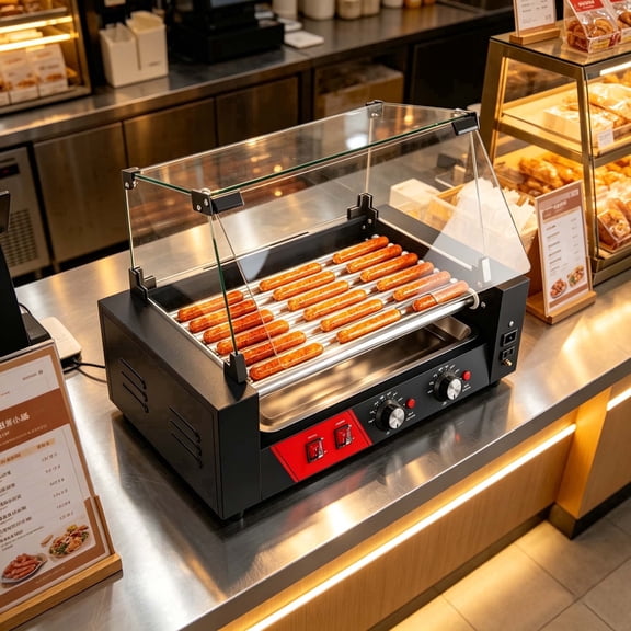 Commercial Hot Dog Rollers, 5 Rollers 12 Hot Dogs Capacity, 750W Stainless Steel Hot Dog Griller with Dual Controls, Glass Cover, Removable Tray for Commercial and Party