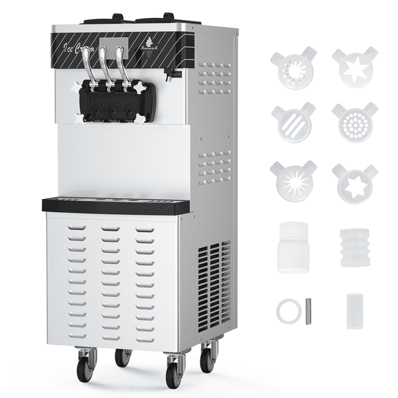 Commercial Ice Cream Maker Machine, 2450W 5.8-8Gal/H, 3 Flavors, Soft Serve Ice Cream Maker with Two 7L Hoppers 4 Casters, Perfect for Home Bars and Restaurants