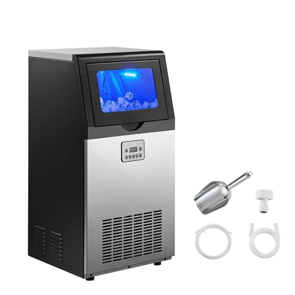 Commercial Ice Maker 100lbs/24h, Stainless Steel Ice Machine with 30lbs Storage, Built-in/Freestanding, LED Display, Self-Cleaning for Bar, Restaurant, Home