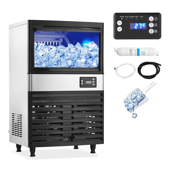 Commercial Ice Maker 110 Lbs/24H, Stainless Steel Free Standing Ice Cube Maker with 27 Lbs Storage Bin, Self Cleaning Ice Maker with Lcd Panel for Bar, Restaurant, Office