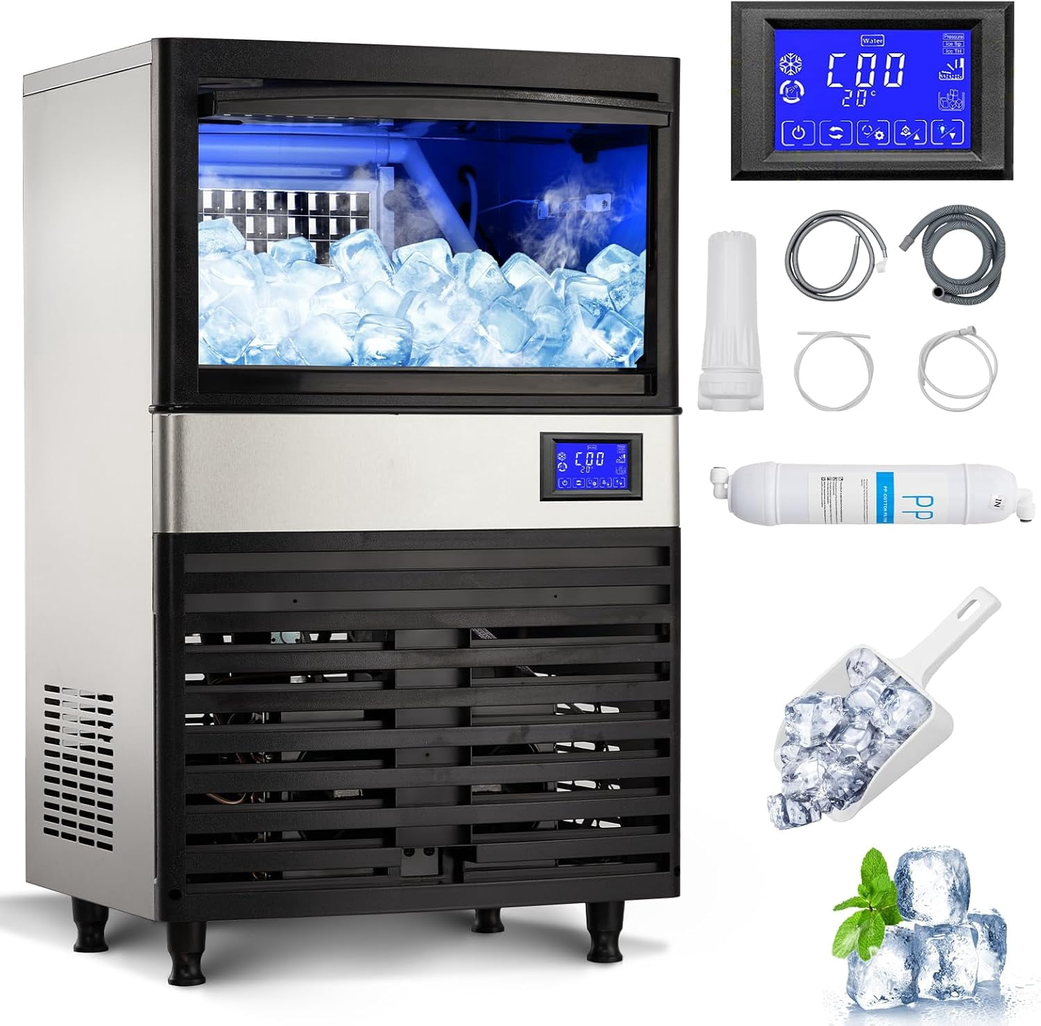 Commercial Ice Maker, 110 Lbs/Day, 55 Ice Cubes in 8-15 Minutes, Under Counter Ice Maker Machine with 27 Lbs Storage Bin and Led Digital Display, Ideal for Home, Restaurants, Bar