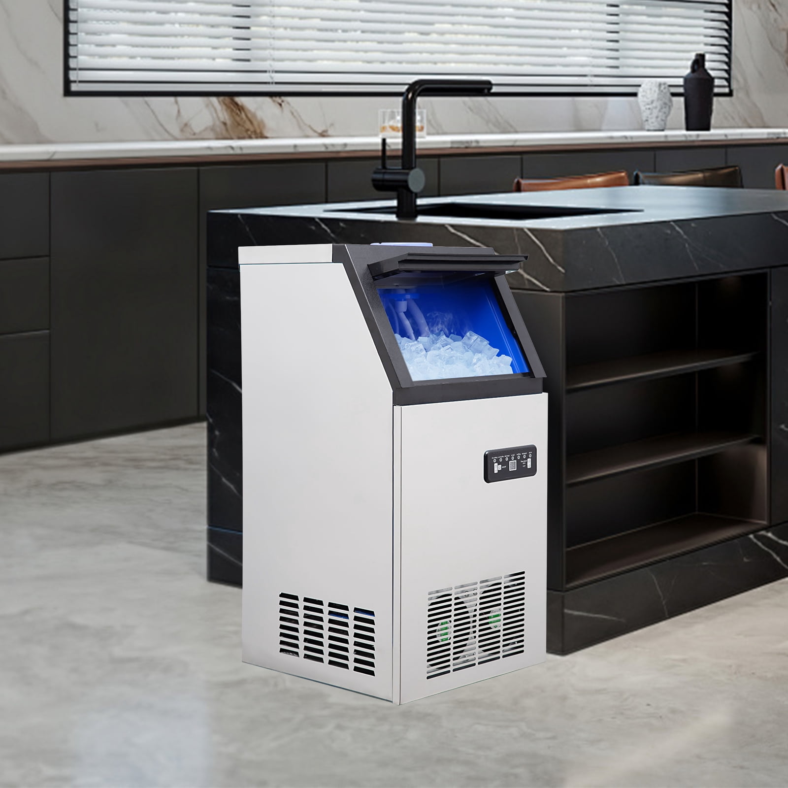 Commercial Ice Maker Freestanding Cabinet Machine with 24LBS Storage Bin 32 Ice Trays&Scoop 100lbs/24H Counter Ice Maker for Home Office Restaurant Bar