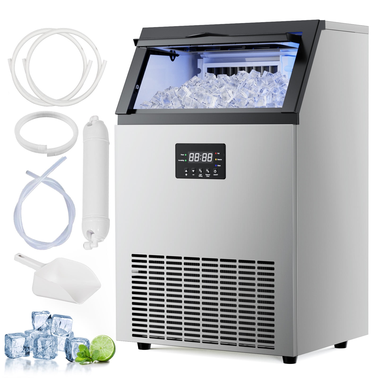 Commercial Ice Maker Machine 100Lbs/24H with 33 Lbs Storage Bin, Freestanding/Countertop Ice Maker Machine - 33 Lbs Storage Bin