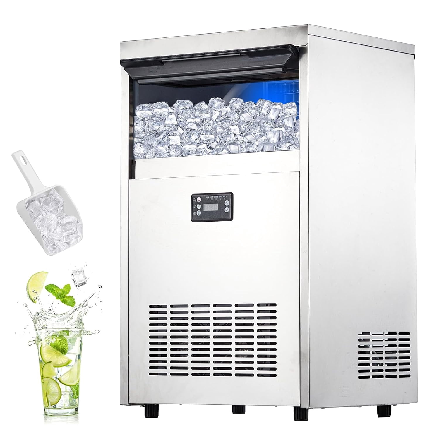 Commercial Ice Maker Machine 100lbs/24H,2 Water Inlet Modes,Stainless Steel Under Counter Ice Machine With 33lbs Storage Bin,Freestanding Ice Maker 50Pcs/Cycle for Bar Home Office Restaurant