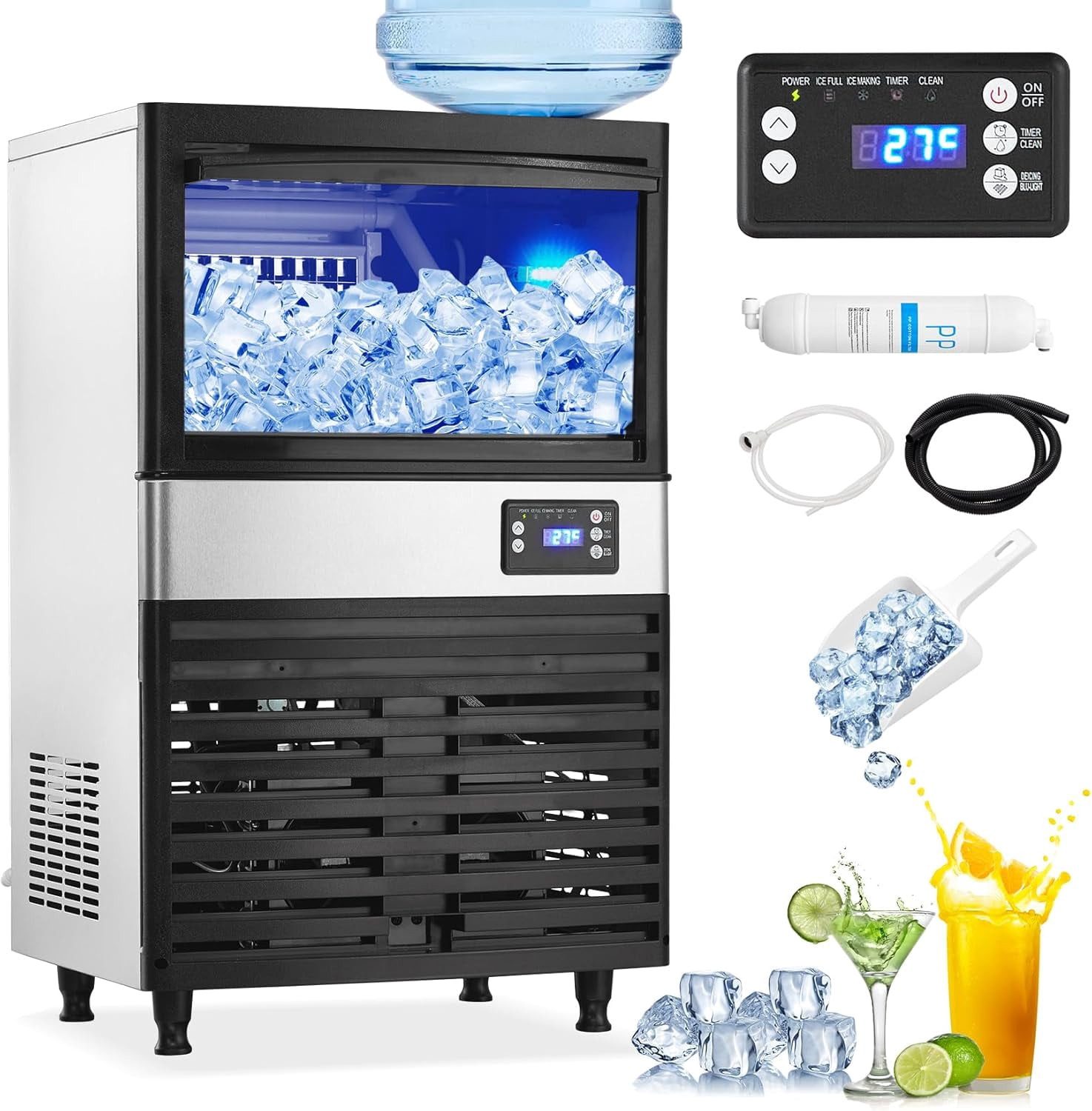 Commercial Ice Maker Machine 120 LBS/24H with 26Lbs Storage Capacity, 60Pcs/Cycle Ice Cubes, Stainless Steel Under Counter Freestanding Ice Machine, 2 Water Inlet Modes