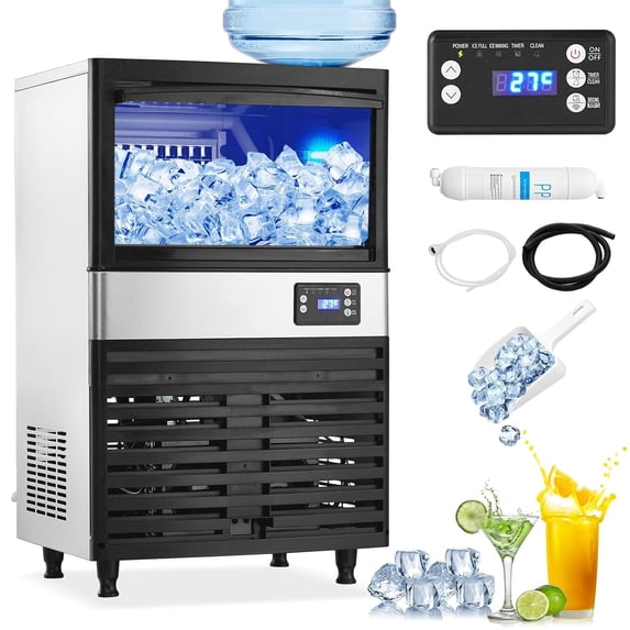 Commercial Ice Maker Machine, 130lbs/24H, 30 Lbs Ice Storage Bin, Fast Making Ice in 5-15 Mins, Auto-Clean, Timer Function, Freestanding or Undercounter for Restaurant,Coffee Shop, Food Truck and Bar