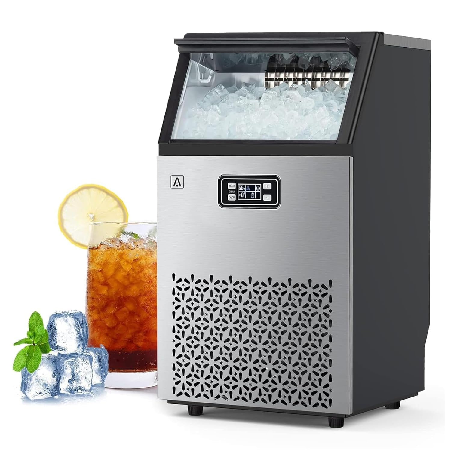Commercial Ice Maker Machine, 150 LBS/24H Under Counter Ice Maker, Freestanding Ice Machine with 35 LBS Storage, Adjustable Ice Thickness, Self-Cleaning, Quiet Energy-Saving Ice Maker for Restaurant