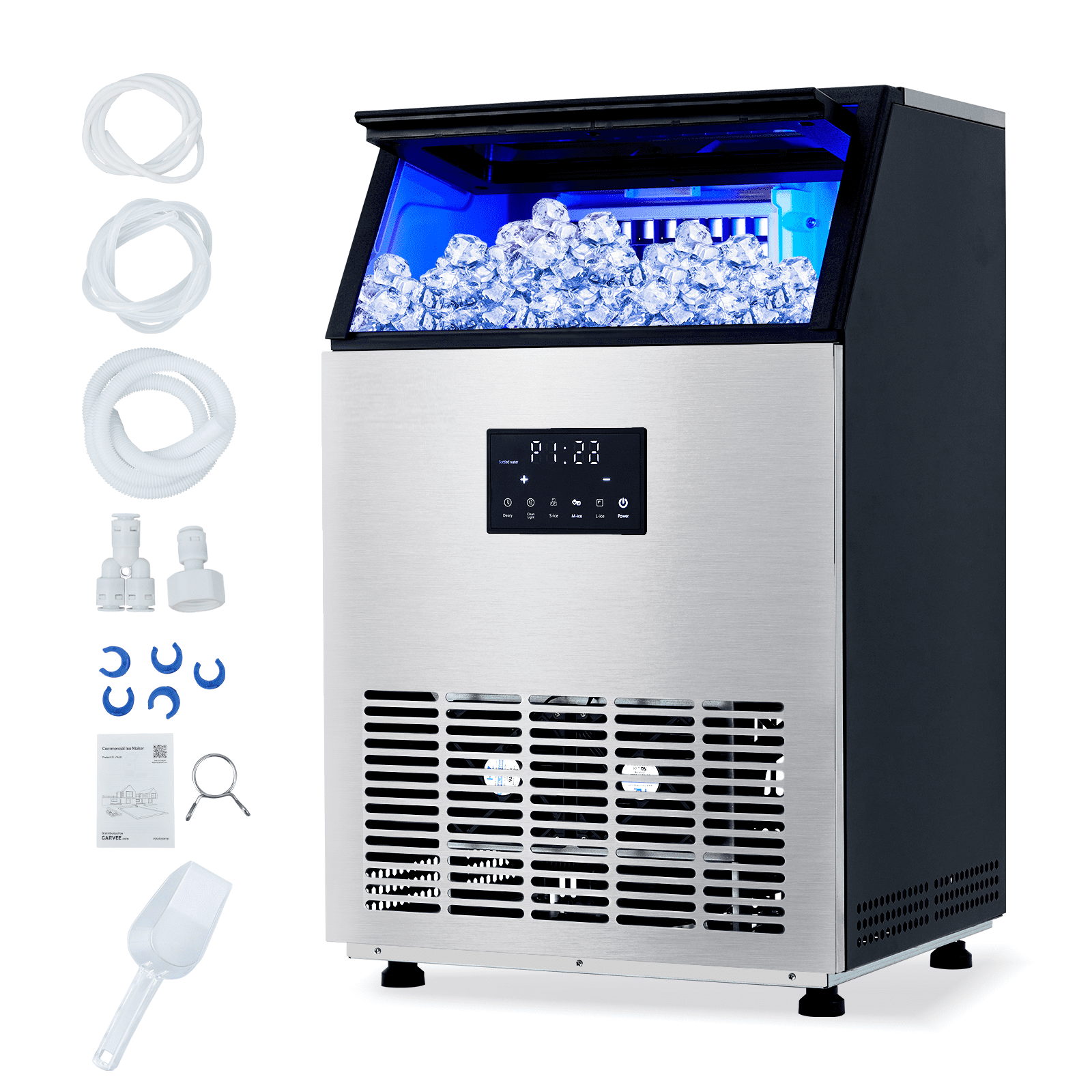 Commercial Ice Maker Machine 150 LBS/24H, Stainless Steel Under Counter Freestanding Ice Machine with 33 LBS Storage Bin, Dual Water Inlet,10-15 Mins Fast Ice, Self-Cleaning