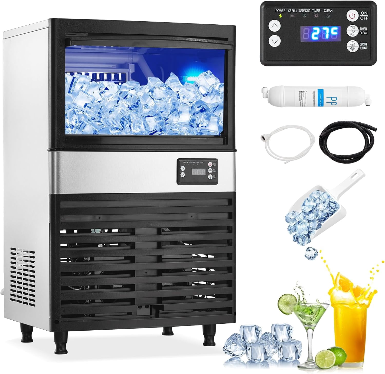 Commercial Ice Maker Machine, 150 lbs/24 Hours, 27 lbs Storage Bin, Stainless Steel, Blue Light, Freestanding, Great for Home or Business, Includes Ice Scoop, Connecting Hose
