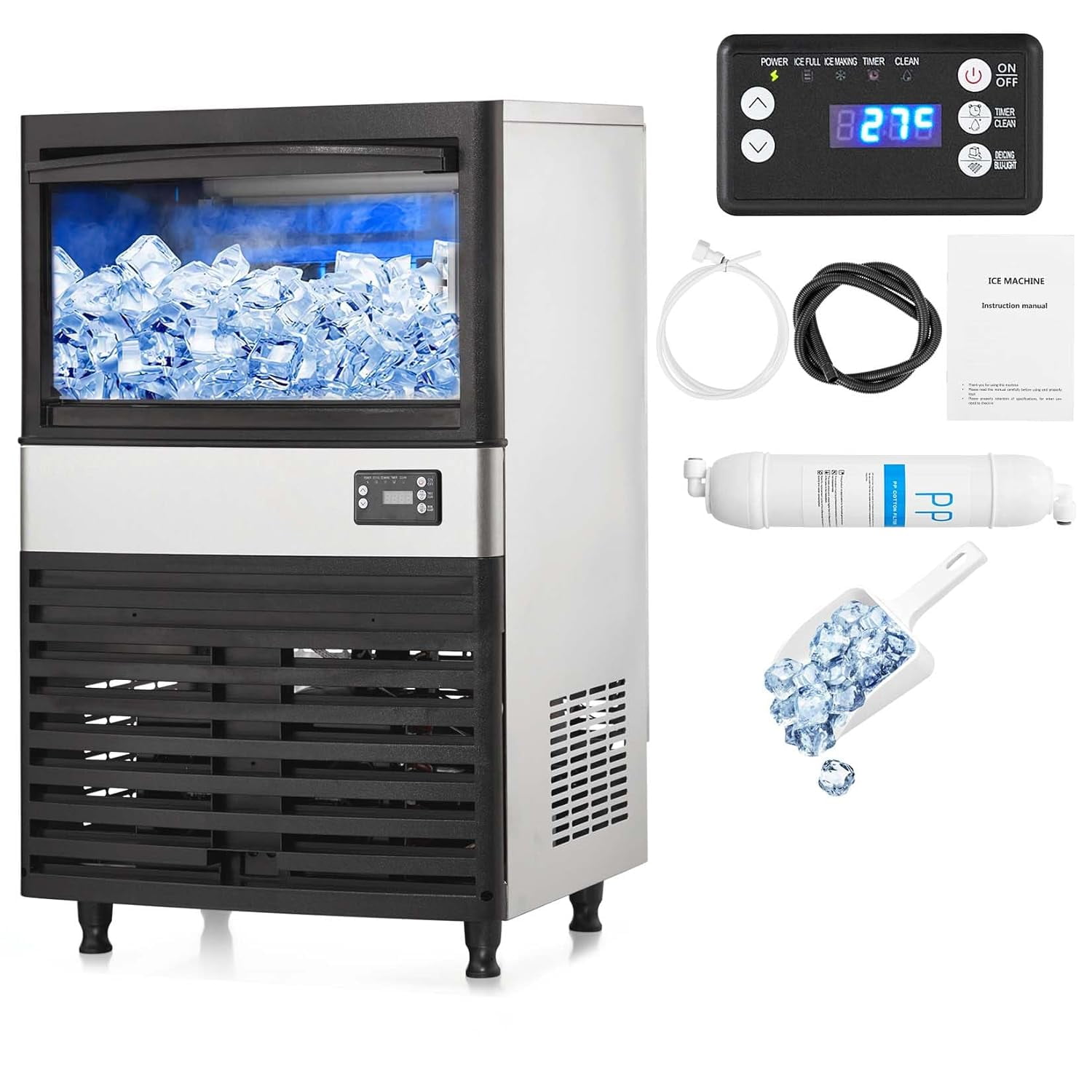 Commercial Ice Maker Machine, 150LBS/24H Ice Machine with 30LBS Bin and Drain Pump, Water Filter, Scoops Included, with Blue Light Under Counter Ice Maker Machine