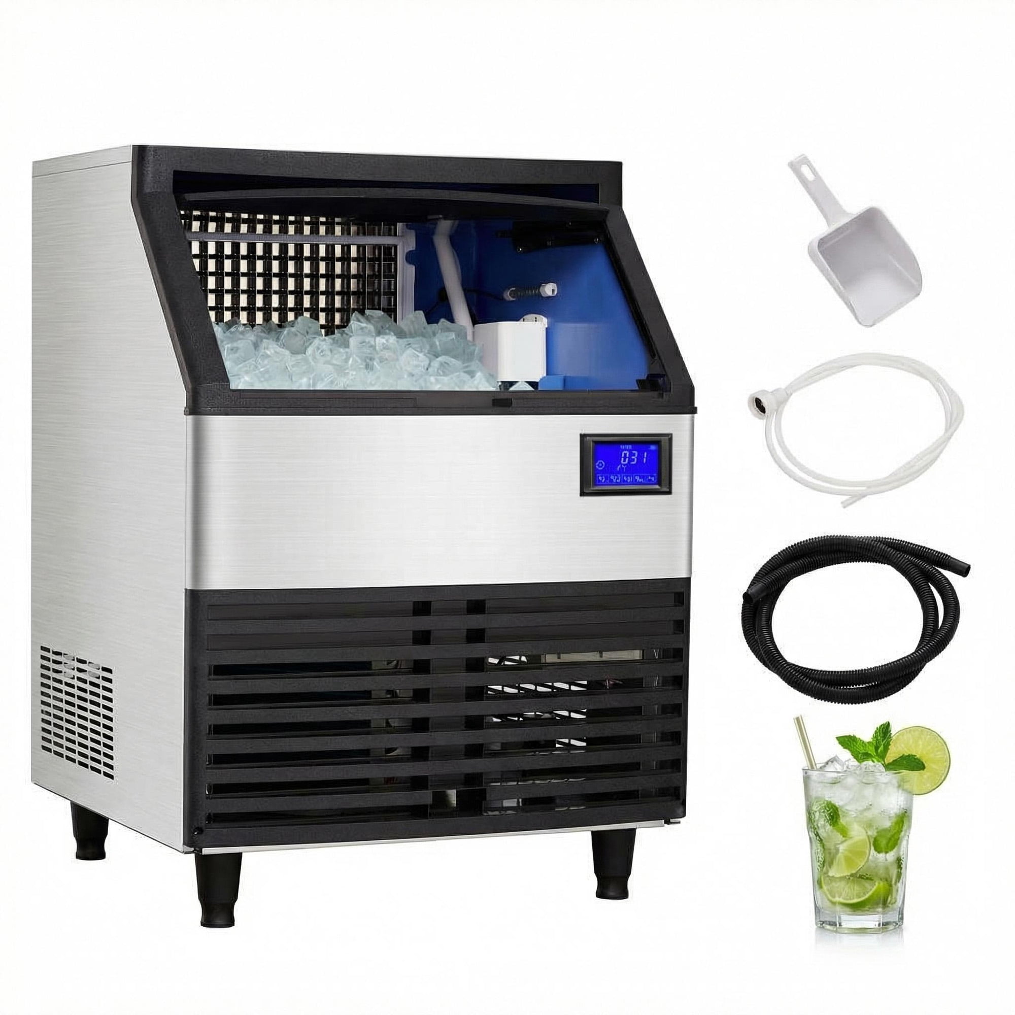 Commercial Ice Maker Machine 176LBS/24h with 99LBS Storage, Freestanding Ice Makers for Home Bar Restaurant Café, Stainless Steel Ice Cube Maker Machine LCD Panel