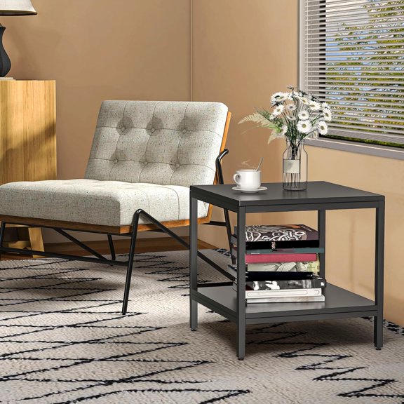 Commercial Ice Maker Stand 2-Tier Storage Shelf Black Iron Frame Side Table for Office Restaurant Home Bars