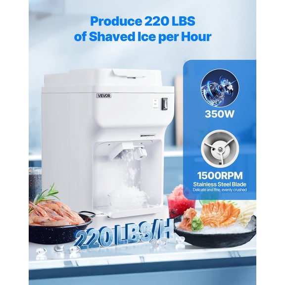 Commercial Ice Shaver Crusher,220lbs Per Hour Electric Snow Cone Maker with 4L Ice Cube Box,350W 1500RPM Tabletop Shaved Ice Machine for Parties Events Bar,Home&Commercial Use (White)