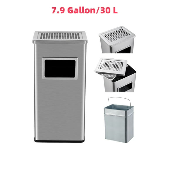 Commercial Indoor Outdoor Trash Can, Stainless Steel Square Garbage Can with Removable Inner Bucket and Ashtray, Waste Bin for Office, Hotel, Shopping Mall, Restroom