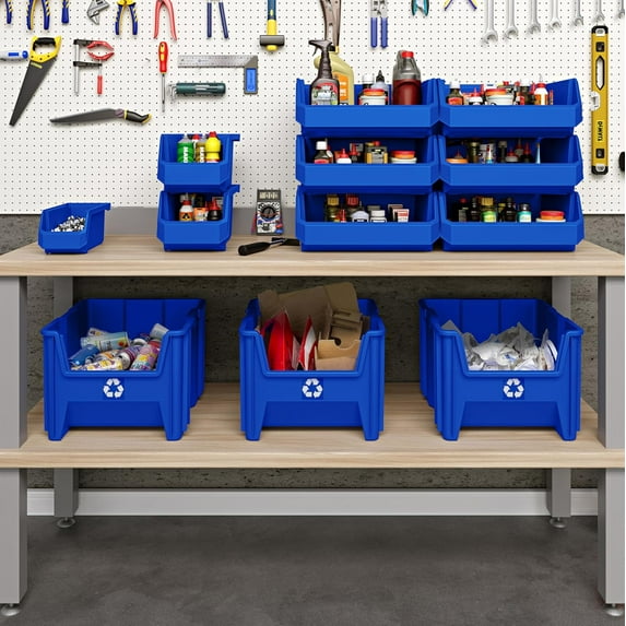 Commercial Heavy Duty Stackable Recycling Bin, 12 Gallon Open Front for Office Garage Kitchen, Blue Plastic Waste Container with Handles, 2 Pack