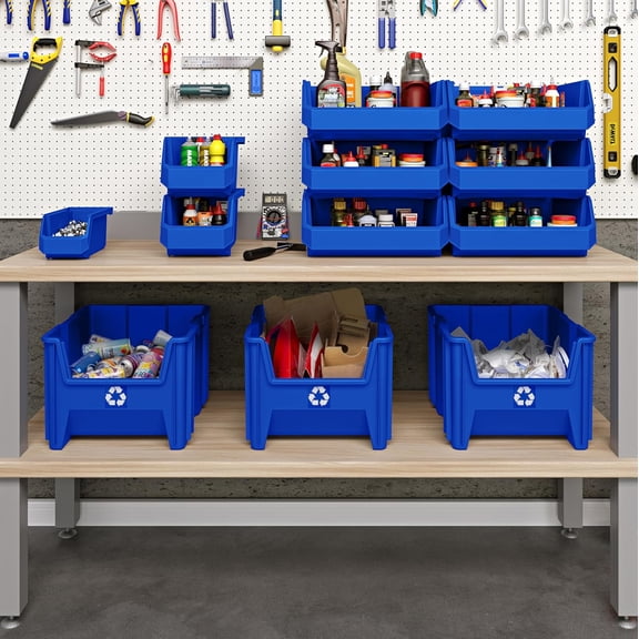 Commercial Industrial Heavy Duty Stackable Open-Front Recycling Bin Box Containers, 12 Gallon, 2 Pack, Blue