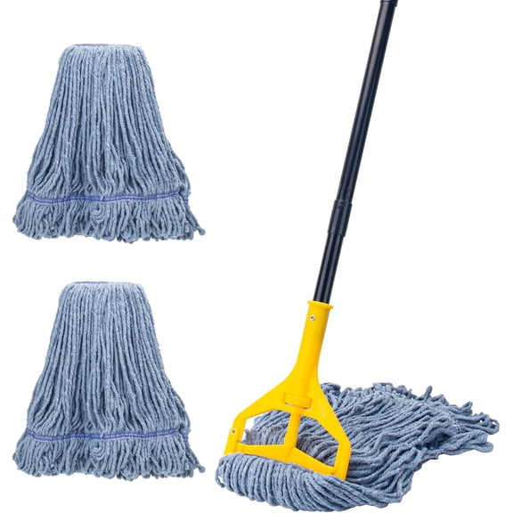 Commercial Industrial Mop with 3 Extra Large Reusable Replacement Head,59" Long Handle Heavy Duty Wet Mops,Looped-End String Cotton Mop for Floor Cleaning,House,Kitchen,Office,Garage,Tile(Yellow)