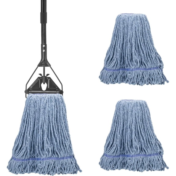 Commercial Industrial Mop for Floor Cleaning, 3 Extra Large Reusable Replacement Head with 59" Long Handle,Heavy Duty Looped-End String Wet Cotton Mop for House,Kitchen,Office,Garage,Tile Floor