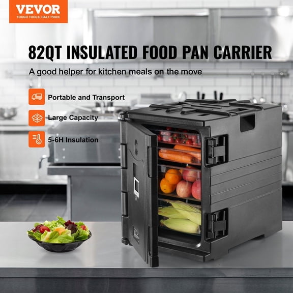 Commercial Insulated Food Pan Warmer 82 Qt, Front Load Catering Box w/ Secure Buckles, Stackable Hot Container for Restaurant Use Black