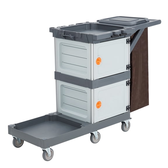 Commercial Janitorial Cart with Cabinet, 3-ply Multi-Purpose Engineered Plastic Housekeeping Cart with 30 Gallon Bag Hand Push Utility Cart, 200 lbs Load Capacity