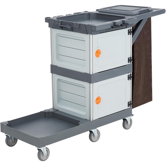 Commercial Janitorial Utility Cart 3-Ply Multipurpose Plastic Housekeeping Cart with Cabinet & 30-Gallon Bag, 200 LB Load Capacity
