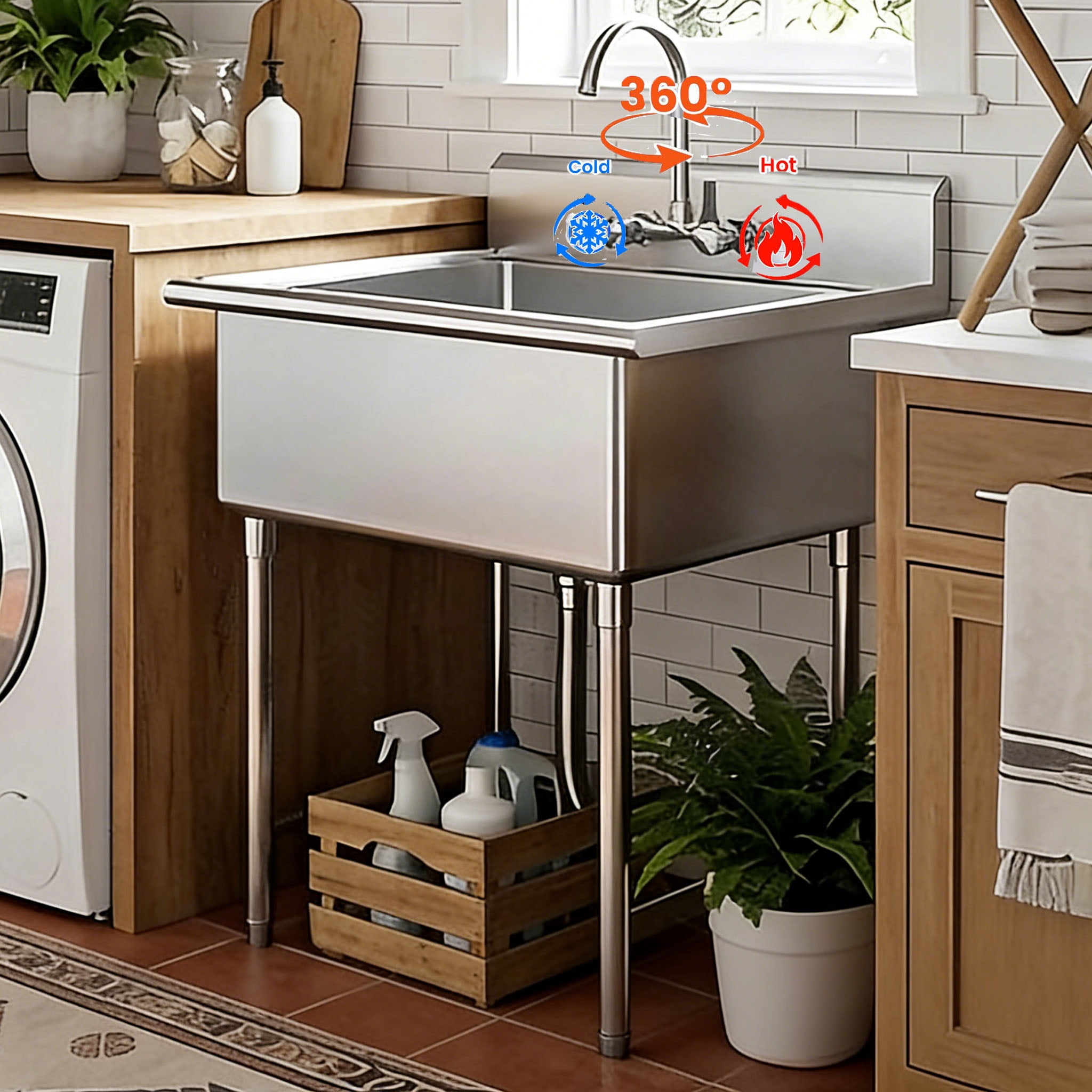 Commercial Kitchen Farmhouse Sink with Hot & Cold Water Pipes Include Faucet & legs, Commercial Sink,Stainless Steel Outdoor Freestanding Kitchen Sink for Farmhouse Yard