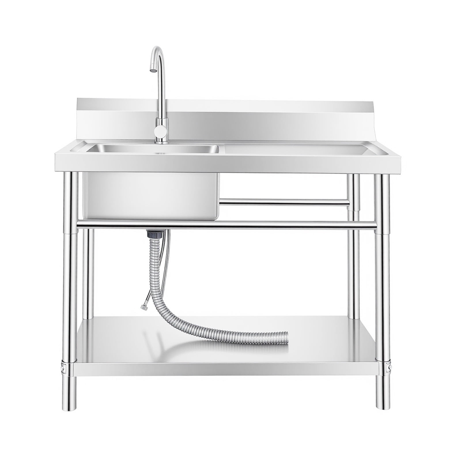 Commercial Kitchen Farmhouse Sink with Cold & Hot Water Faucet, Stainless Steel Free Standing Sink, Outdoor Freestanding Kitchen Sink for Farm & Barn