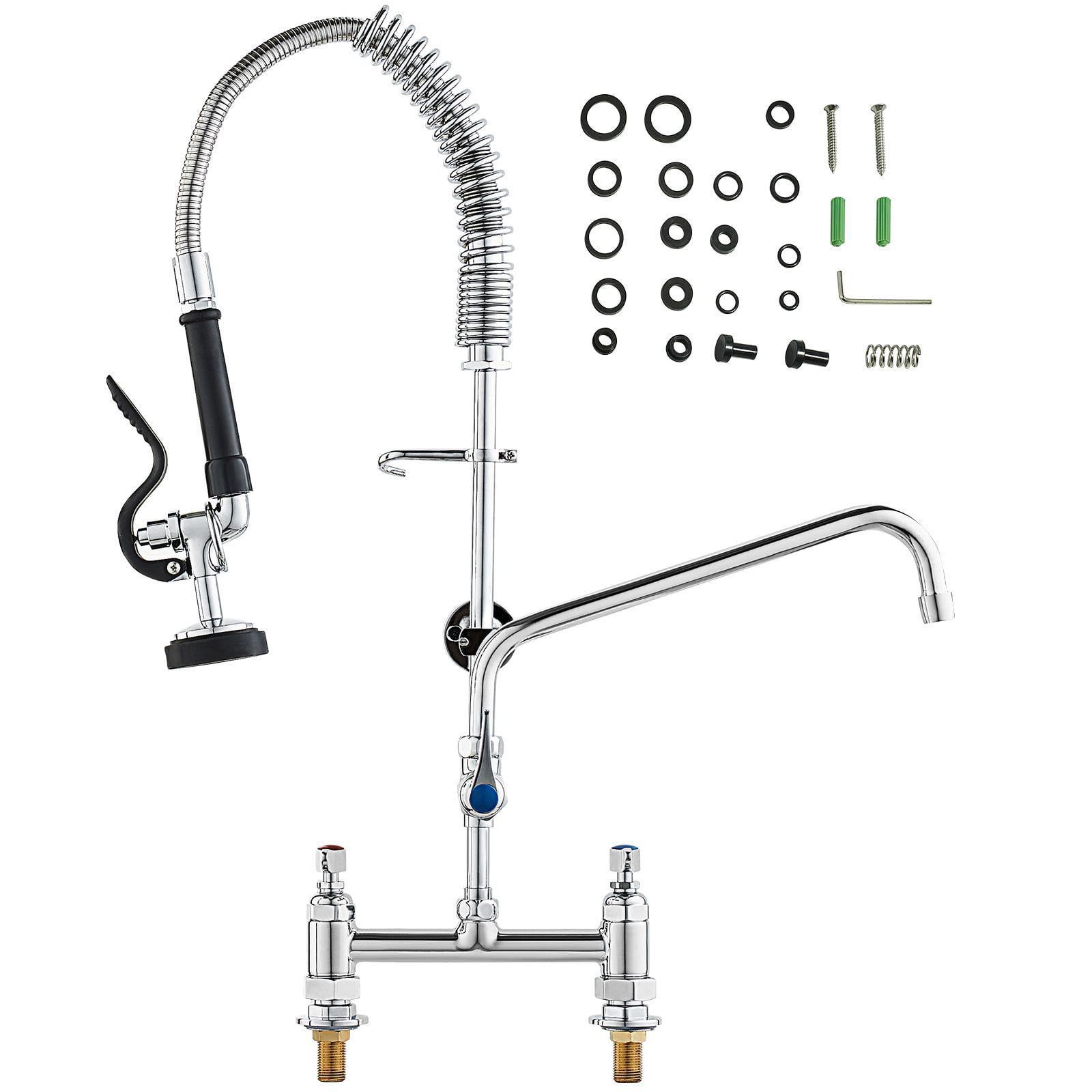 Commercial Kitchen Faucet 26 Inch Height 8 Inch Center 12 Inch Swing Spout Deck Mount Brass Pull Down Spray Pre Rinse for 1 2 3 Compartment Sink