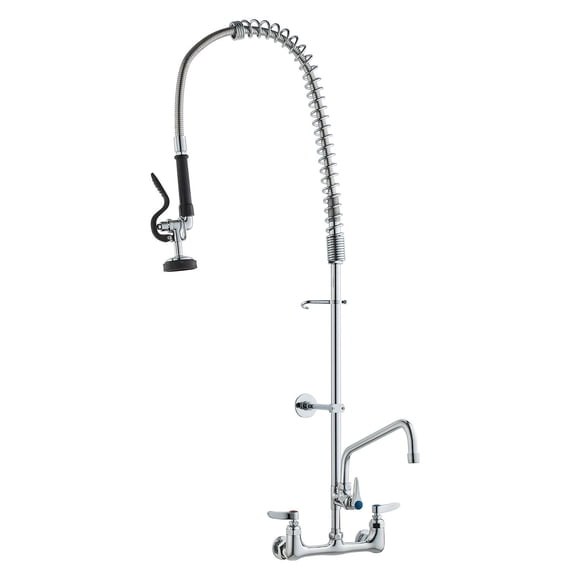 Commercial Kitchen Faucet, 44" Wall-Mount Pre-Rinse Sprayer with 12" Swing Spout, 8" Centerset for 1/2/3 Compartment Sinks, Brass Pull-Down Sprayer